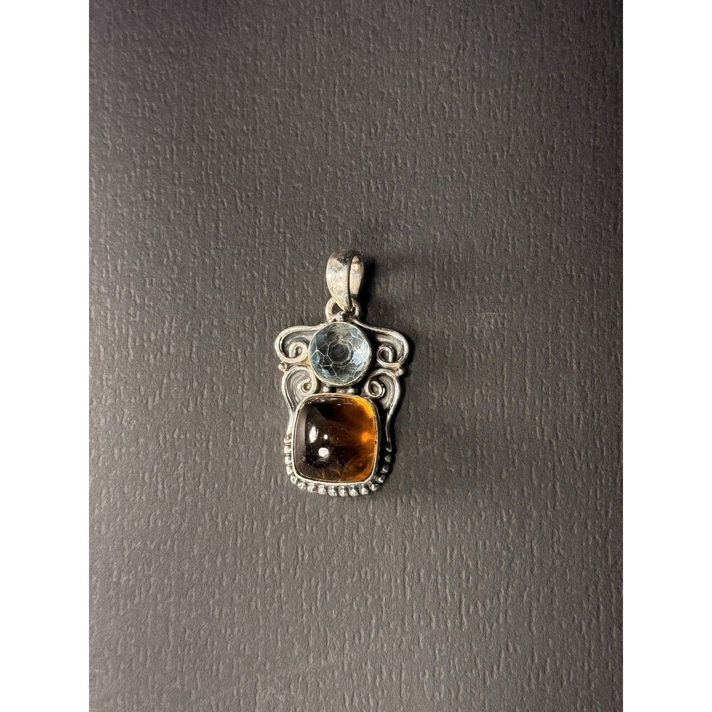 Natural Amber & Aquamarine Sterling Silver Pendant